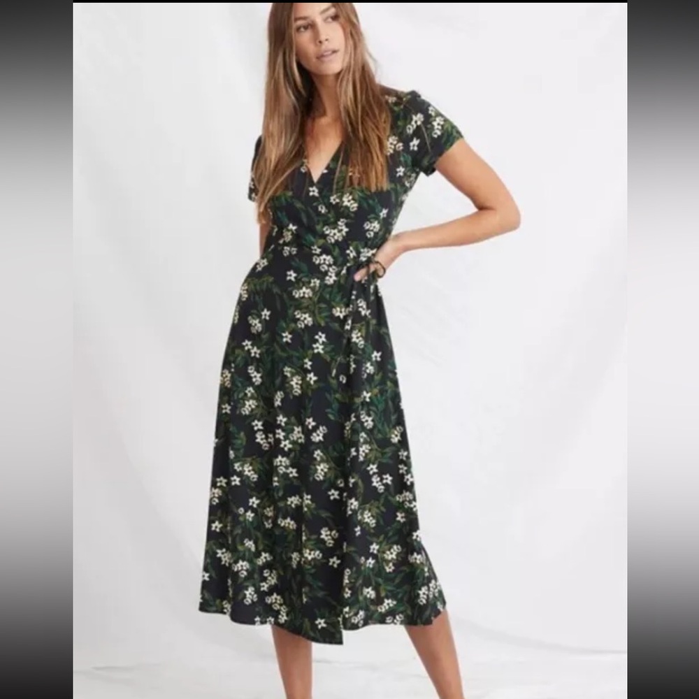 Marine Layer Emlyn Wrap Dress Midi Length Wrap Dress Black Floral SZ Medium